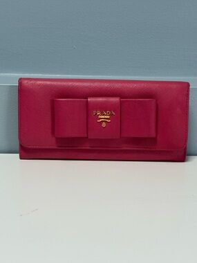 Prada Fuchsia Bow Continental Wallet with Gold Logo
